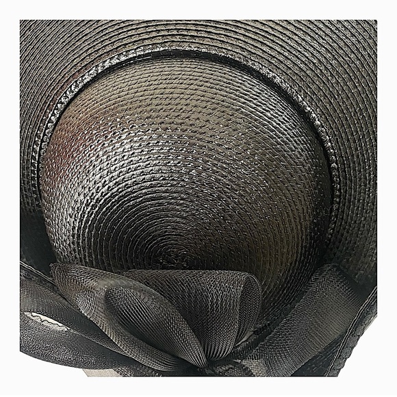 Vintage Women Black Wide Brim Spring Church Hat With Knit Bow and Black  Trim main image 6